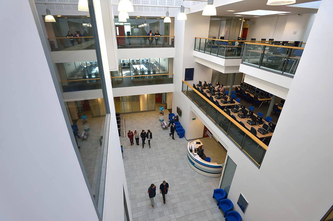 From the University of Bolton's Centre for Dental Sciences, a view of the foyer inside the Queen's Specialist Building at the University of Bolton