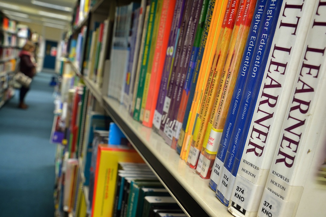 Education books in the Peter Marsh Library at the University of Bolton